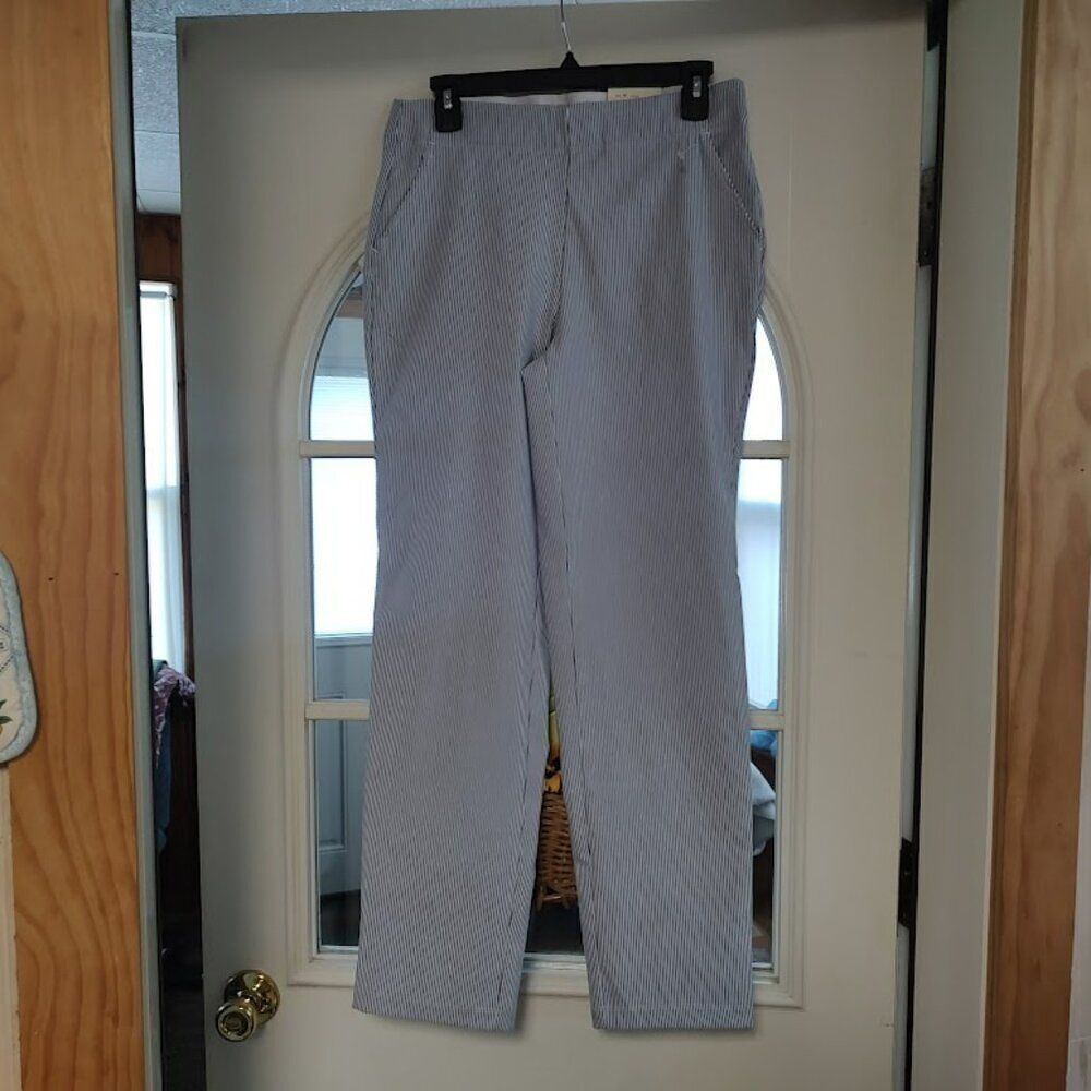 New Max Studio Blue White Striped High Rise Slim Leg Pull On Trouser Women's M